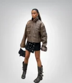 Vintage Brown Distressed Leather Jacket for Women Cropped Bomber Style Genuine Leather Coat with Adjustable Buckles Handmade Christmas Gift