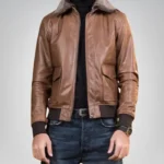 Men’s brown G1 bomber leather jacket with fur collar – genuine cowhide aviator style