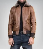 Men’s brown G1 bomber leather jacket with fur collar – genuine cowhide aviator style