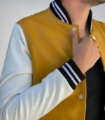 Classic men’s yellow varsity jacket – leather body with white sleeves