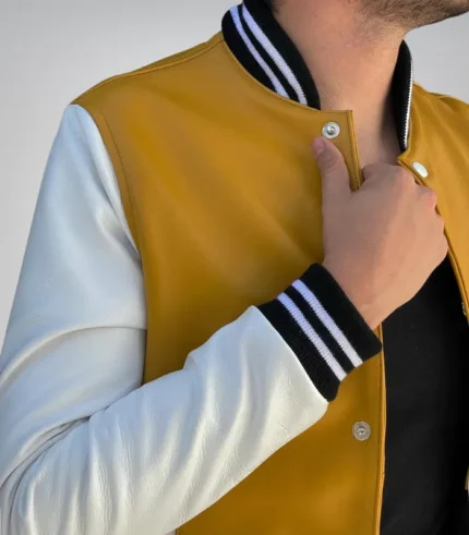 Classic men’s yellow varsity jacket – leather body with white sleeves