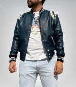 Navy blue varsity leather bomber for men – athletic all-season outerwear