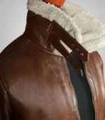 Vintage-style brown leather bomber jacket with warm shearling interior