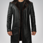 Men’s 3/4 Length Genuine Black Leather Coat with Brown Shearling Lining