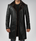 Men’s 3/4 Length Genuine Black Leather Coat with Brown Shearling Lining