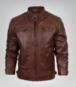 Men’s stylish cognac motorcycle jacket featuring quilted shoulders