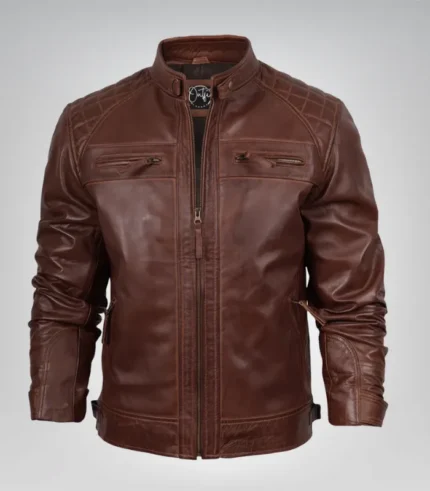 Men’s stylish cognac motorcycle jacket featuring quilted shoulders