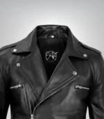 Men’s black leather biker jacket with asymmetrical zipper and belted waist – Negan edition