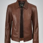 Men’s classic cognac leather Harrington jacket – timeless casual outerwear