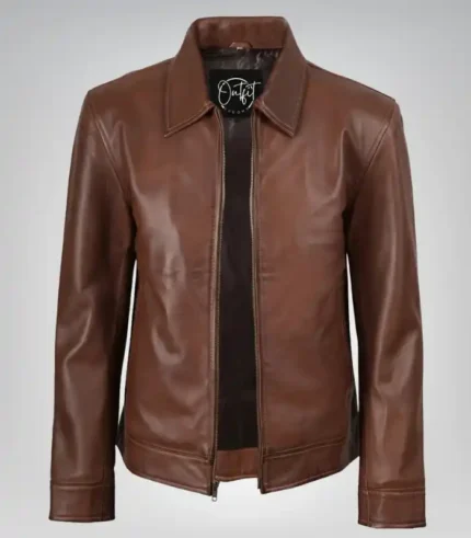 Men’s classic cognac leather Harrington jacket – timeless casual outerwear