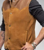 Men’s Western Shearling Vest in Tobacco Brown – Suede Leather Gilet - Image 2