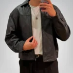 Men’s Black Genuine Leather Jacket – Minimalist Slim Biker Style