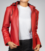 Jenny women’s red real leather jacket with detachable hood – stylish versatile design
