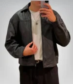 Men’s Black Genuine Leather Jacket – Minimalist Slim Biker Style
