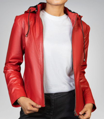 Jenny women’s red real leather jacket with detachable hood – stylish versatile design
