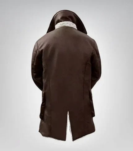 Classic Bane style men’s brown leather coat with warm sherpa lining