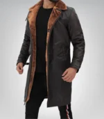 Men’s Dark Brown Leather Shearling Coat 3/4 Length - Image 2