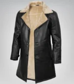 Men’s Black 3/4 Length Genuine Leather Coat with Faux Shearling Lining - Image 2