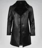 Men’s Black 3/4 Length Genuine Leather Coat with Faux Shearling Lining