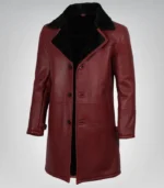 Men’s Maroon 3/4 Length Leather Coat with Black Faux Shearling Lining - Image 4