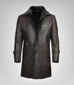 Classic men’s dark brown leather coat – mid-length with soft faux shearling interior