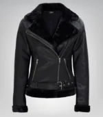 Women’s Black Shearling Leather Biker Jacket – Genuine Lambskin Winter Style - Image 4