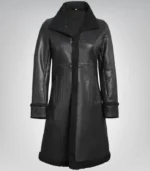 Women’s 3/4 Length Black Genuine Leather Coat with Faux Shearling Lining