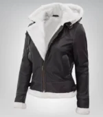 Women’s Mary B3 Dark Brown Shearling Leather Jacket with Removable Hood - Image 3