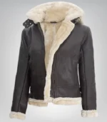 Genuine lambskin shearling jacket for women – dark brown with warm hood