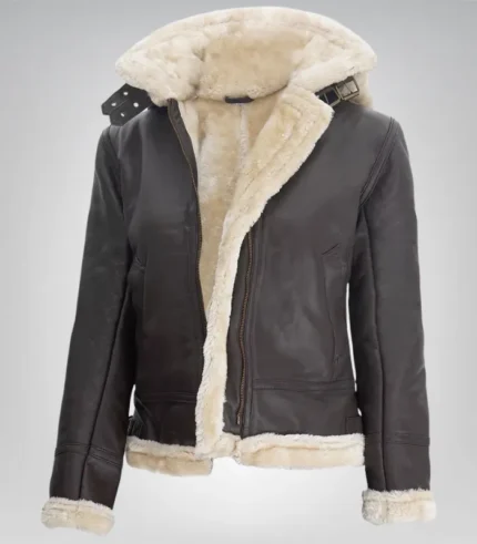 Genuine lambskin shearling jacket for women – dark brown with warm hood
