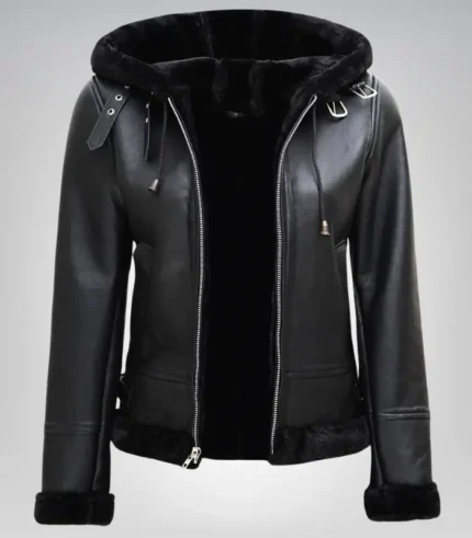 Alt Text: Stylish women’s hooded shearling jacket in black genuine leather