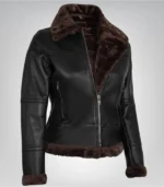 Alt Text: Warm women’s leather bomber jacket with shearling collar in dark brown