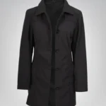 Alt Text: Sophisticated black 3/4 length coat for women, perfect for daily wear