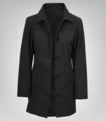 Alt Text: Sophisticated black 3/4 length coat for women, perfect for daily wear