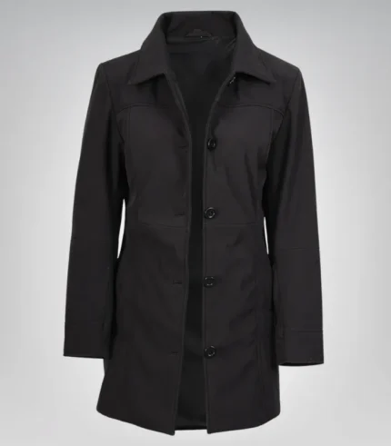 Alt Text: Sophisticated black 3/4 length coat for women, perfect for daily wear