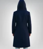 Alt Text: Stylish women’s navy wool coat featuring a hood and button design
