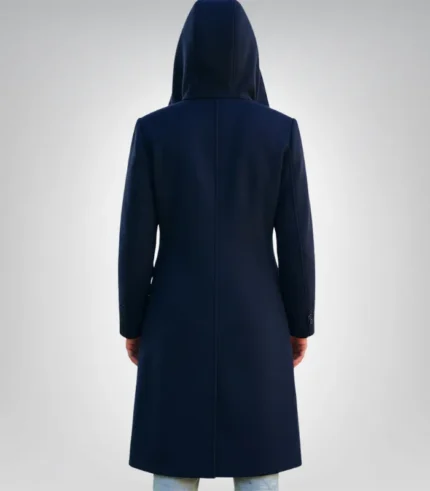 Alt Text: Stylish women’s navy wool coat featuring a hood and button design