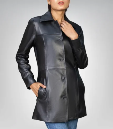 Women’s mid-length leather coat with button-down design, genuine leather finish