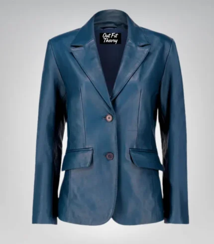 Women’s classic blue lambskin leather blazer jacket – elegant everyday look