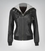 Elegant Women’s Black Lambskin Leather Jacket with Hood – Daily Wear