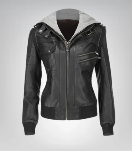 Elegant Women’s Black Lambskin Leather Jacket with Hood – Daily Wear
