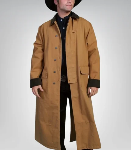 Men’s western cowboy duster coat – brown canvas trench riding jacket