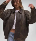 Premium women’s leather bomber jacket – oversized lambskin brown design