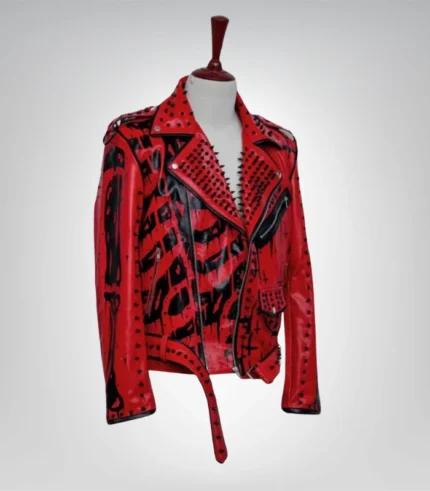 Red and black spiked biker jacket – punk motorcycle leather coat