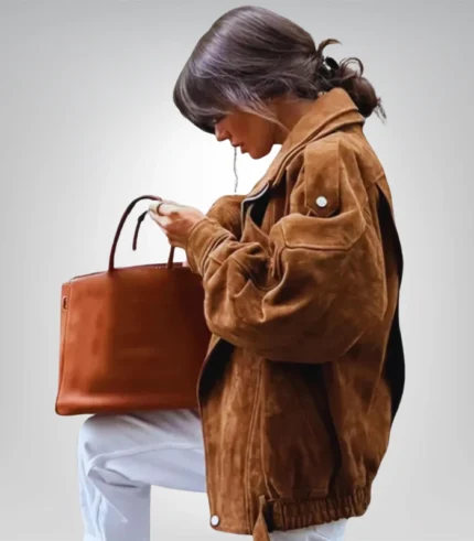 Oversized vintage suede bomber jacket – handmade brown leather coat