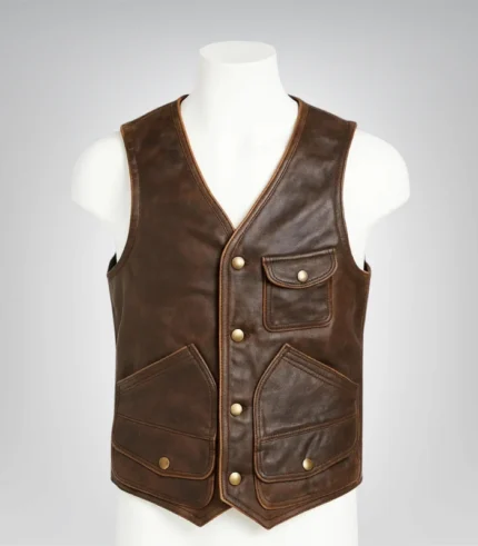 Vintage brown leather vest – men’s motorcycle racer design