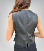 Women’s real black leather vest featuring front zipper and pockets