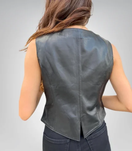 Women’s real black leather vest featuring front zipper and pockets
