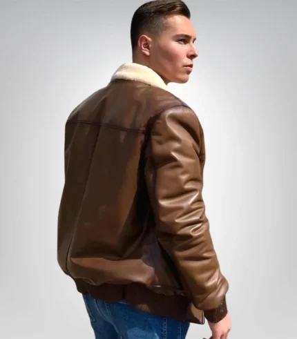 Men’s leather bomber jacket – beige fur trim design