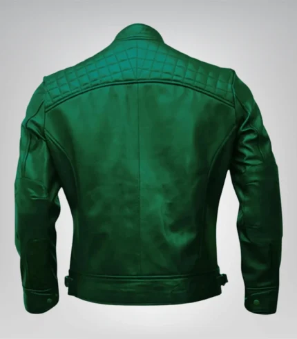 Diamond Quilted Green Leather Biker Jacket Slim Fit Moto Style